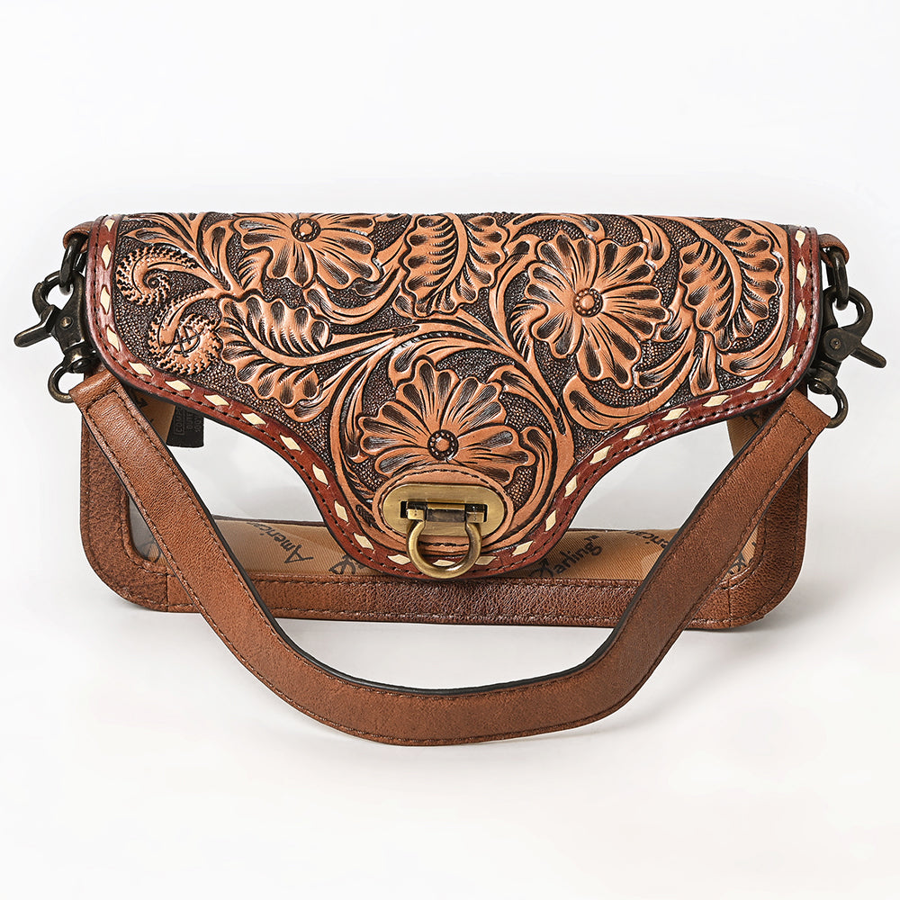 ADBG1507 Hand-Tooled Leather Floral Crossbody Bag - Western Clear Saddle Flap Design