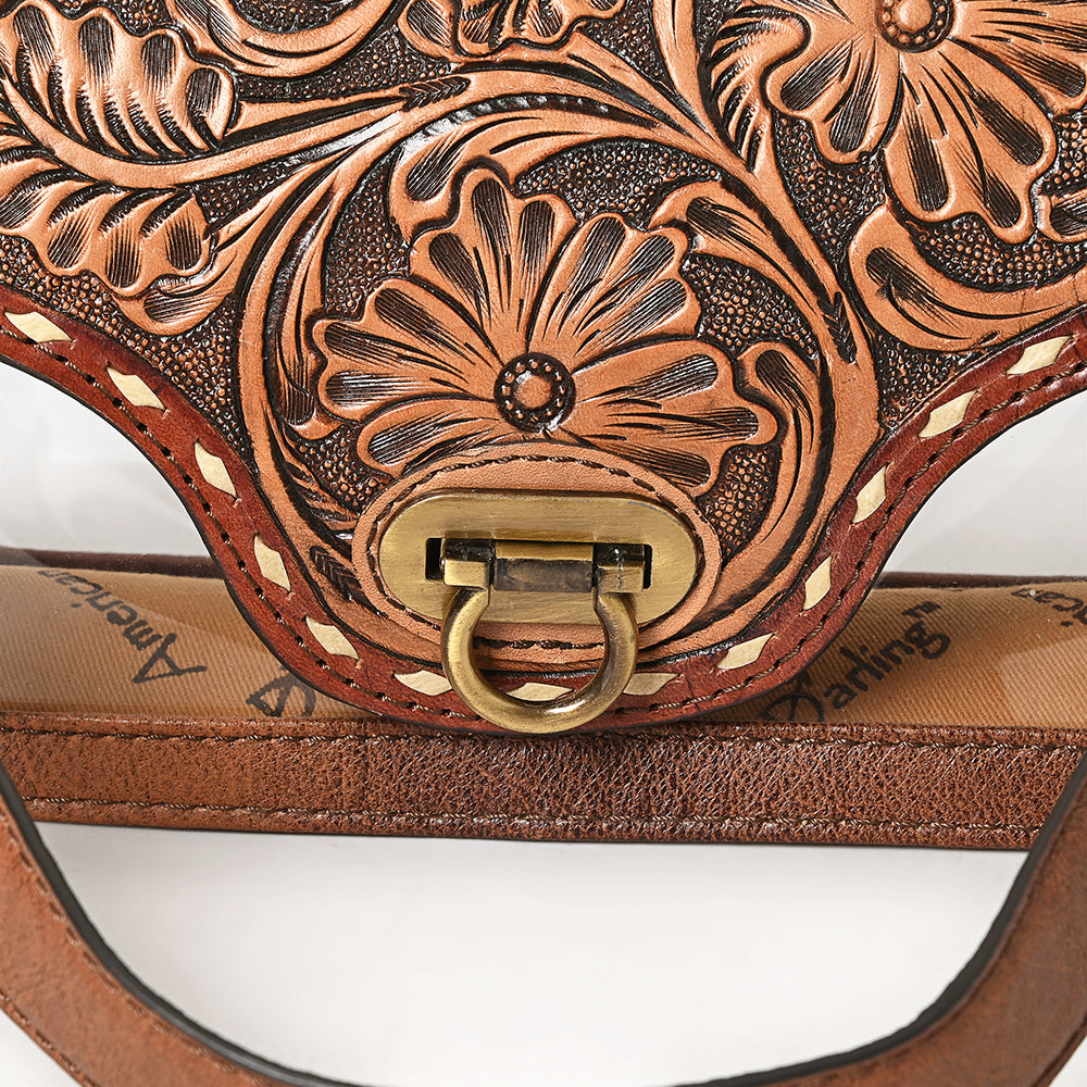 ADBG1507 Hand-Tooled Leather Floral Crossbody Bag - Western Clear Saddle Flap Design