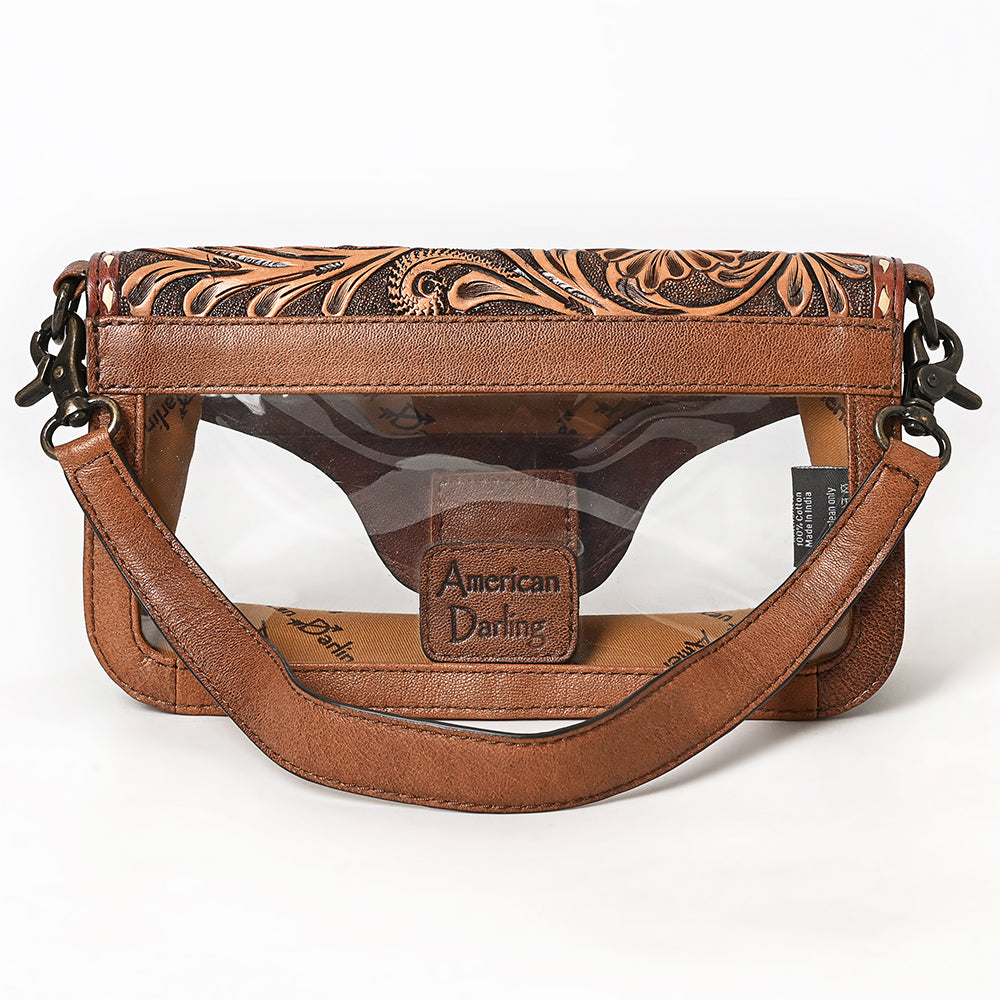 ADBG1507 Hand-Tooled Leather Floral Crossbody Bag - Western Clear Saddle Flap Design