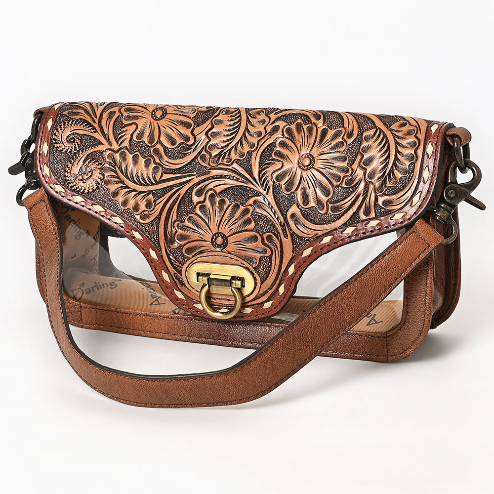 ADBG1507 Hand-Tooled Leather Floral Crossbody Bag - Western Clear Saddle Flap Design