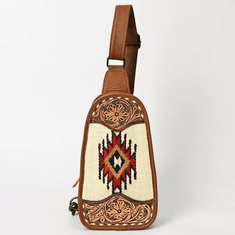 American Darling Western Leather Sling Bag with Hand-Tooled Floral & Saddle Blanket Panel