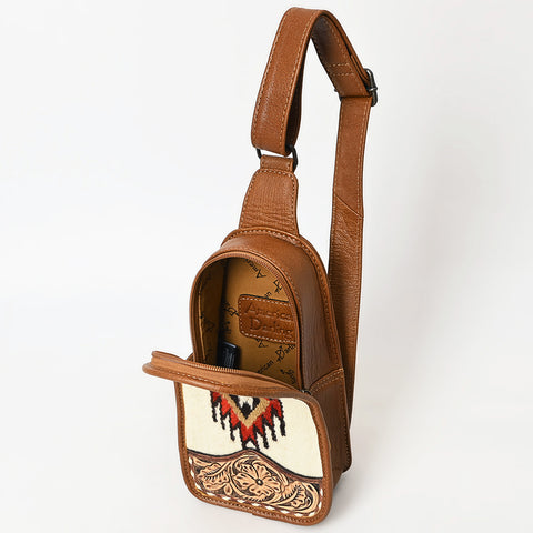 American Darling Western Leather Sling Bag with Hand-Tooled Floral & Saddle Blanket Panel