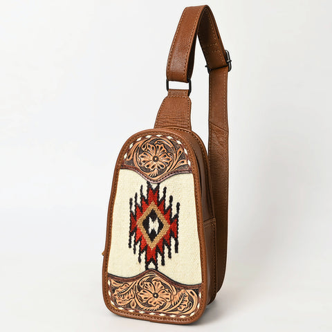 American Darling Western Leather Sling Bag with Hand-Tooled Floral & Saddle Blanket Panel