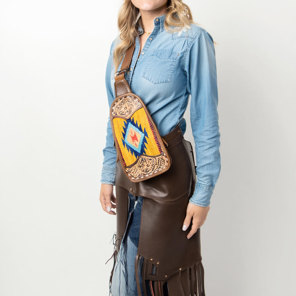 ADBG1510 Tooled Leather Sling Bag - Southwest Wool & Floral Accents