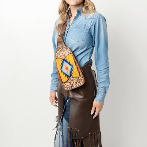 American Darling Western Leather Sling Bag with Hand-Tooled Floral & Saddle Blanket Panel