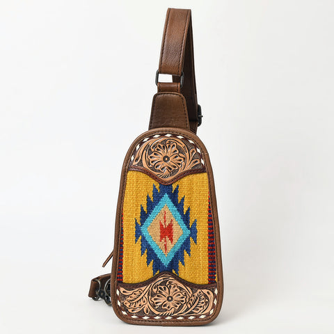 American Darling Western Leather Sling Bag with Hand-Tooled Floral & Saddle Blanket Panel