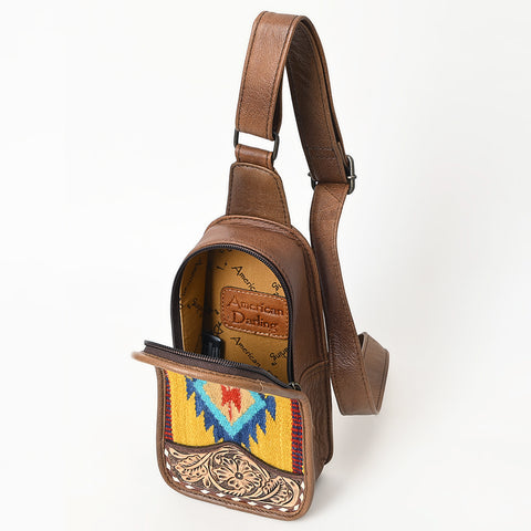 American Darling Western Leather Sling Bag with Hand-Tooled Floral & Saddle Blanket Panel