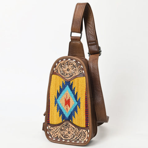 American Darling Western Leather Sling Bag with Hand-Tooled Floral & Saddle Blanket Panel