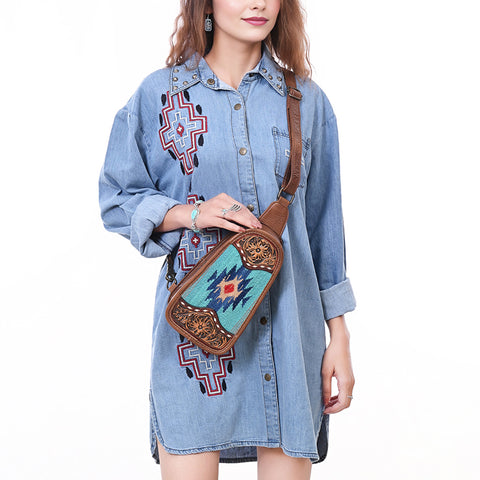 American Darling Western Leather Sling Bag with Hand-Tooled Floral & Saddle Blanket Panel