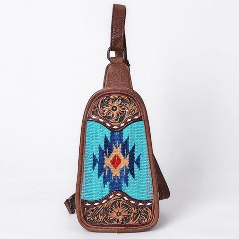 American Darling Western Leather Sling Bag with Hand-Tooled Floral & Saddle Blanket Panel