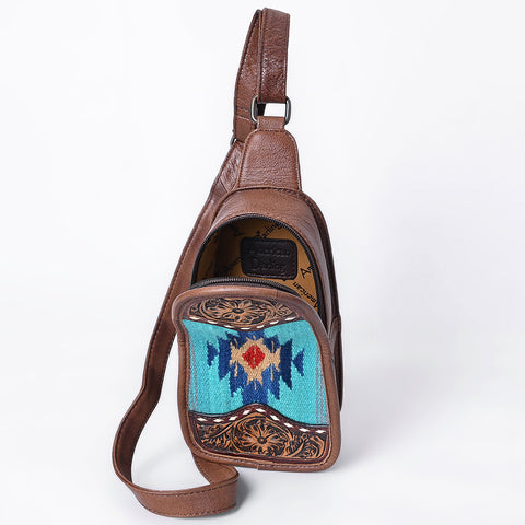American Darling Western Leather Sling Bag with Hand-Tooled Floral & Saddle Blanket Panel