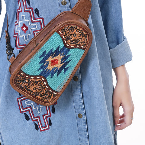 American Darling Western Leather Sling Bag with Hand-Tooled Floral & Saddle Blanket Panel
