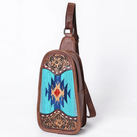 American Darling Western Leather Sling Bag with Hand-Tooled Floral & Saddle Blanket Panel
