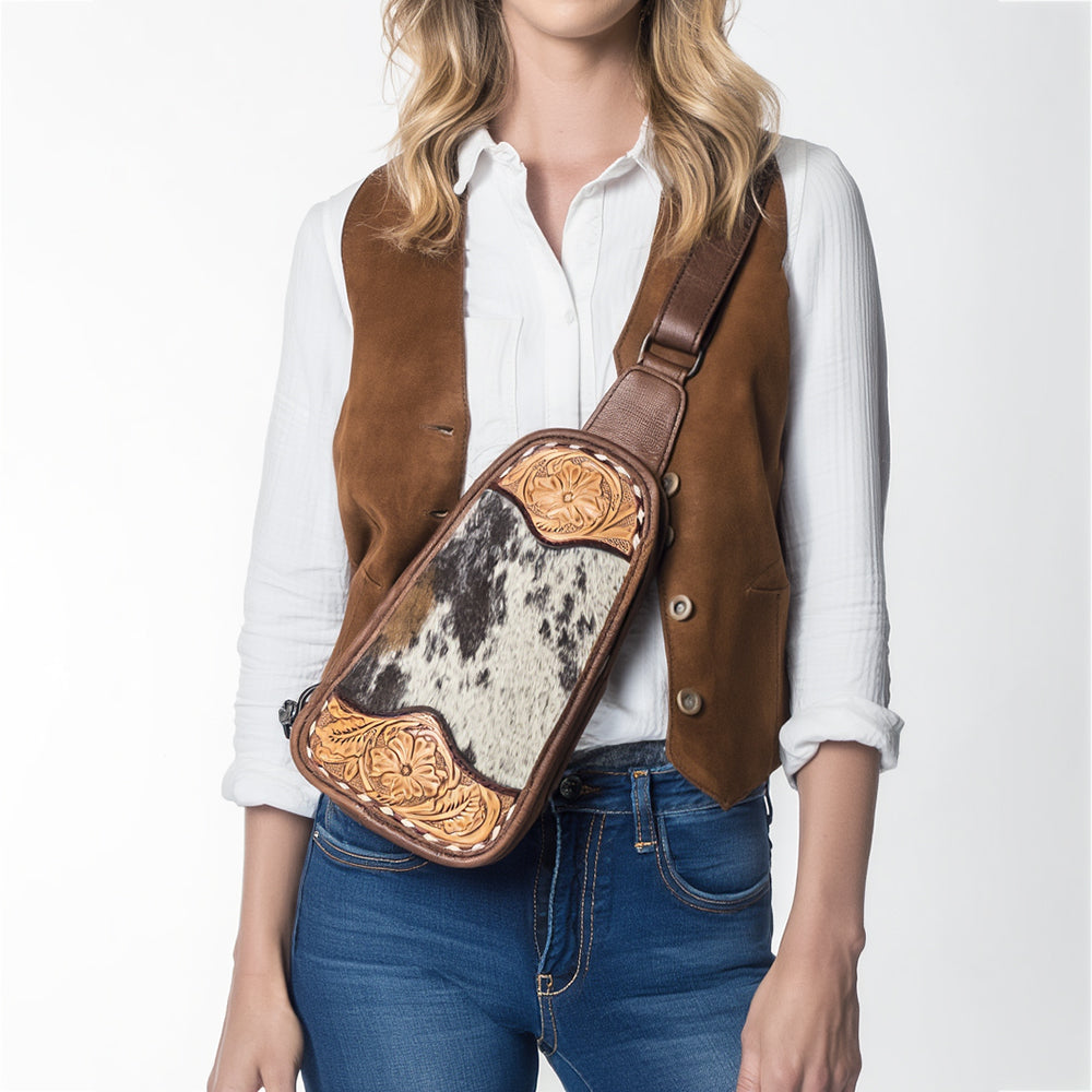 ADBG1510 Hand-Tooled Leather & Cowhide Small Sling Bag-Western Crossbody Chest Pack