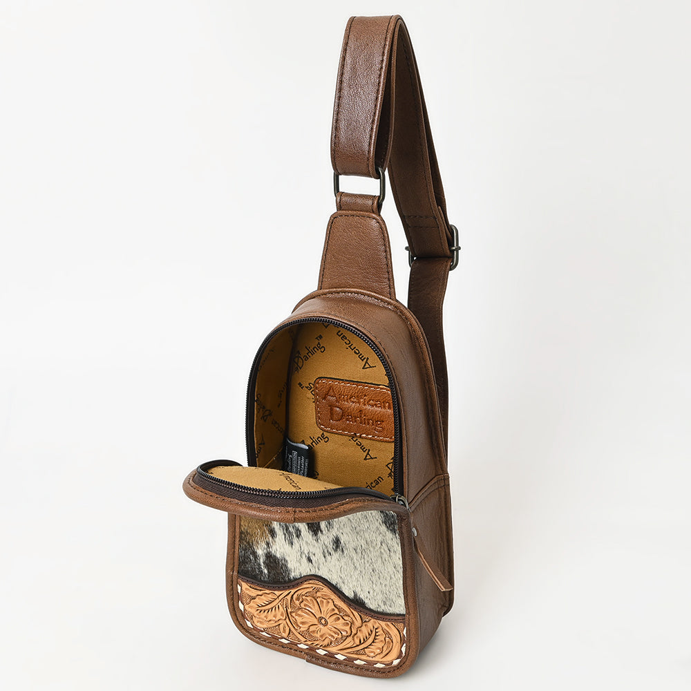 ADBG1510 Hand-Tooled Leather & Cowhide Small Sling Bag-Western Crossbody Chest Pack