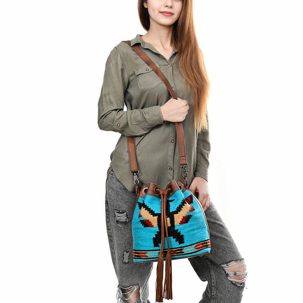 ADBG1512 Turquoise Handwoven Wool & Leather Bucket Bag with Fringe - Western Boho Style