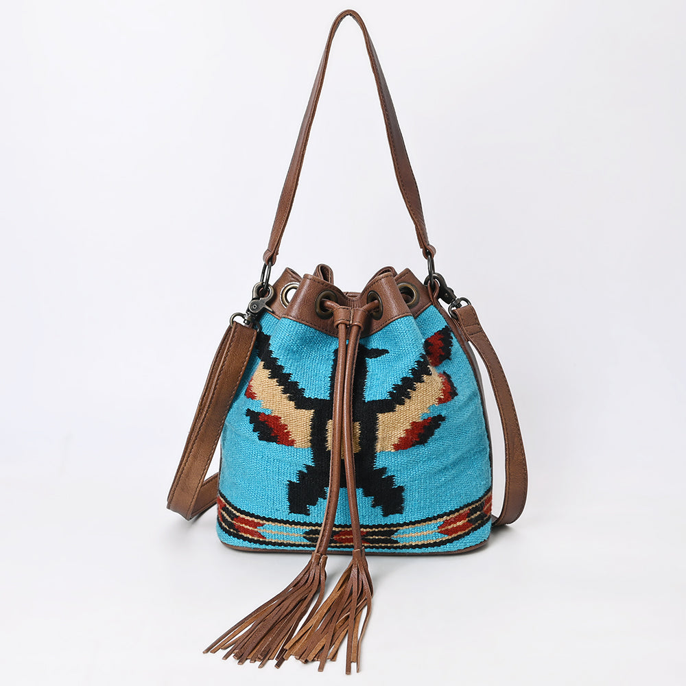 ADBG1512 Turquoise Handwoven Wool & Leather Bucket Bag with Fringe - Western Boho Style
