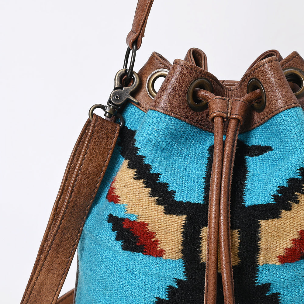 ADBG1512 Turquoise Handwoven Wool & Leather Bucket Bag with Fringe - Western Boho Style