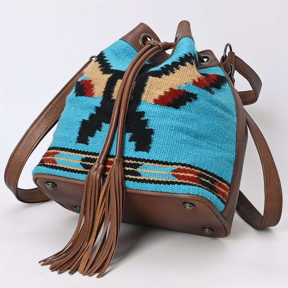 ADBG1512 Turquoise Handwoven Wool & Leather Bucket Bag with Fringe - Western Boho Style