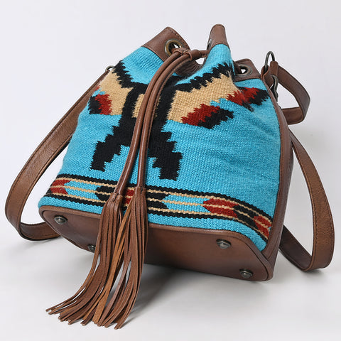 American Darling Western Leather Bucket Bag Saddle Blanket Weave & Tassel Detail