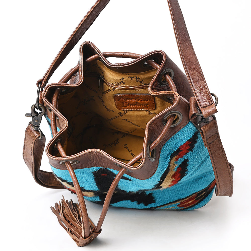 ADBG1512 Turquoise Handwoven Wool & Leather Bucket Bag with Fringe - Western Boho Style