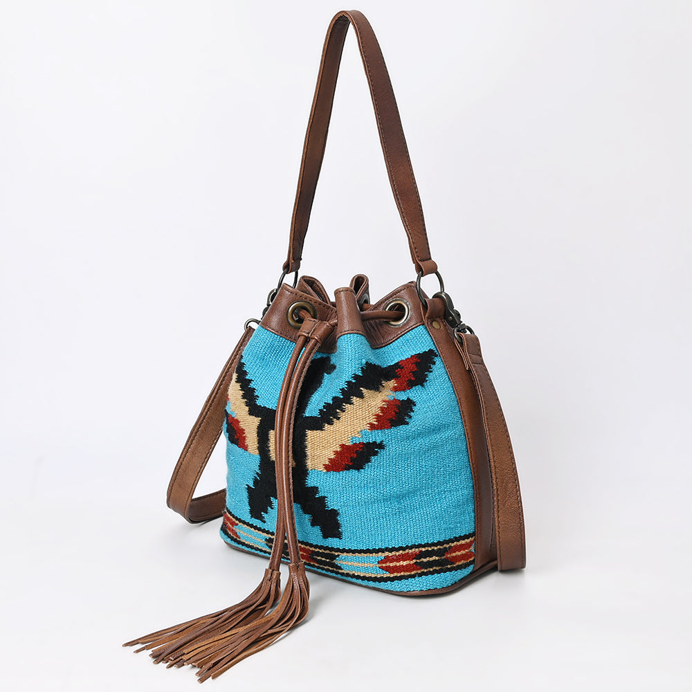 ADBG1512 Turquoise Handwoven Wool & Leather Bucket Bag with Fringe - Western Boho Style