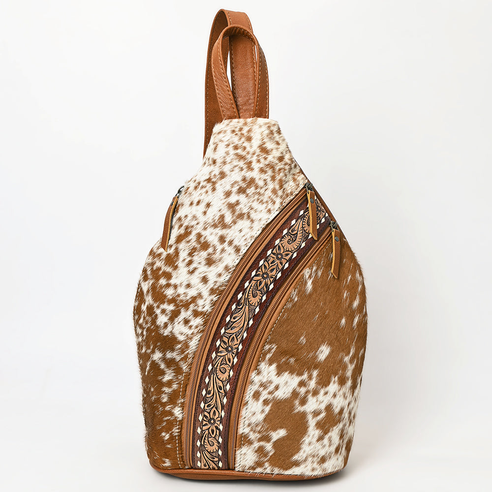 ADBG1513 Hair-On Cowhide Sling Backpack with Hand Tooled Leather Accents