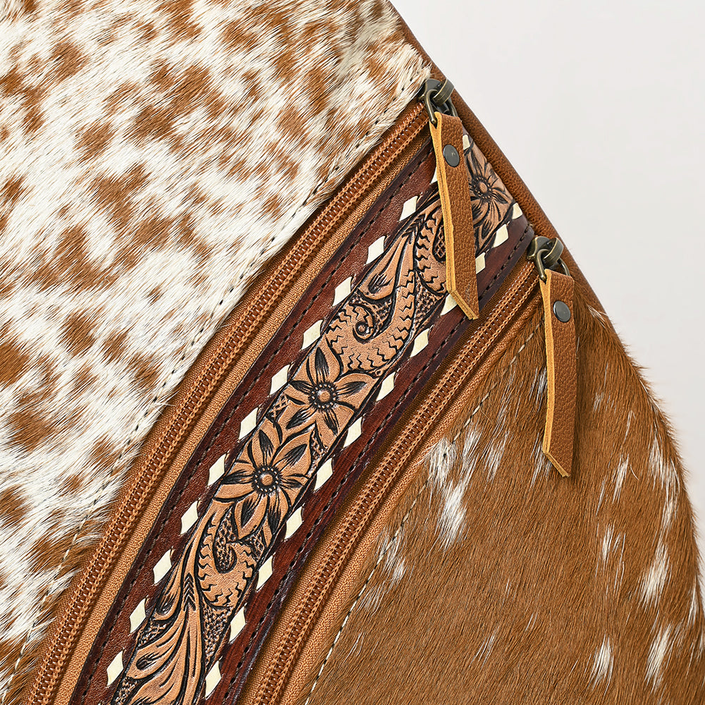 ADBG1513 Hair-On Cowhide Sling Backpack with Hand Tooled Leather Accents