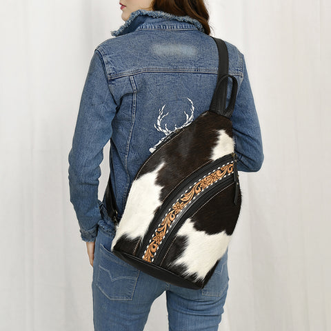American Darling Western Leather Sling Bag with Black & White Hair-On Cowhide & Hand-Tooled Accents