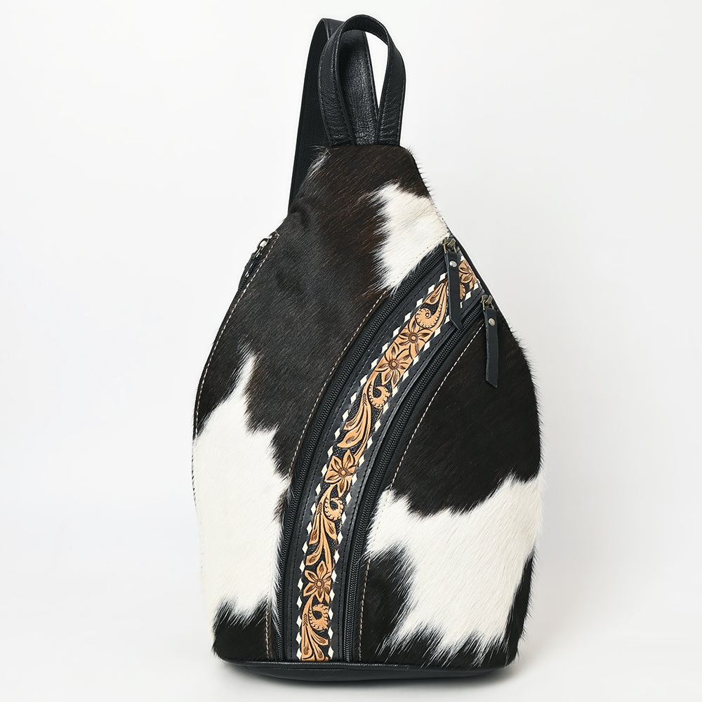ADBG1514 Black & White Cowhide Sling Backpack with Tooled Leather Accents