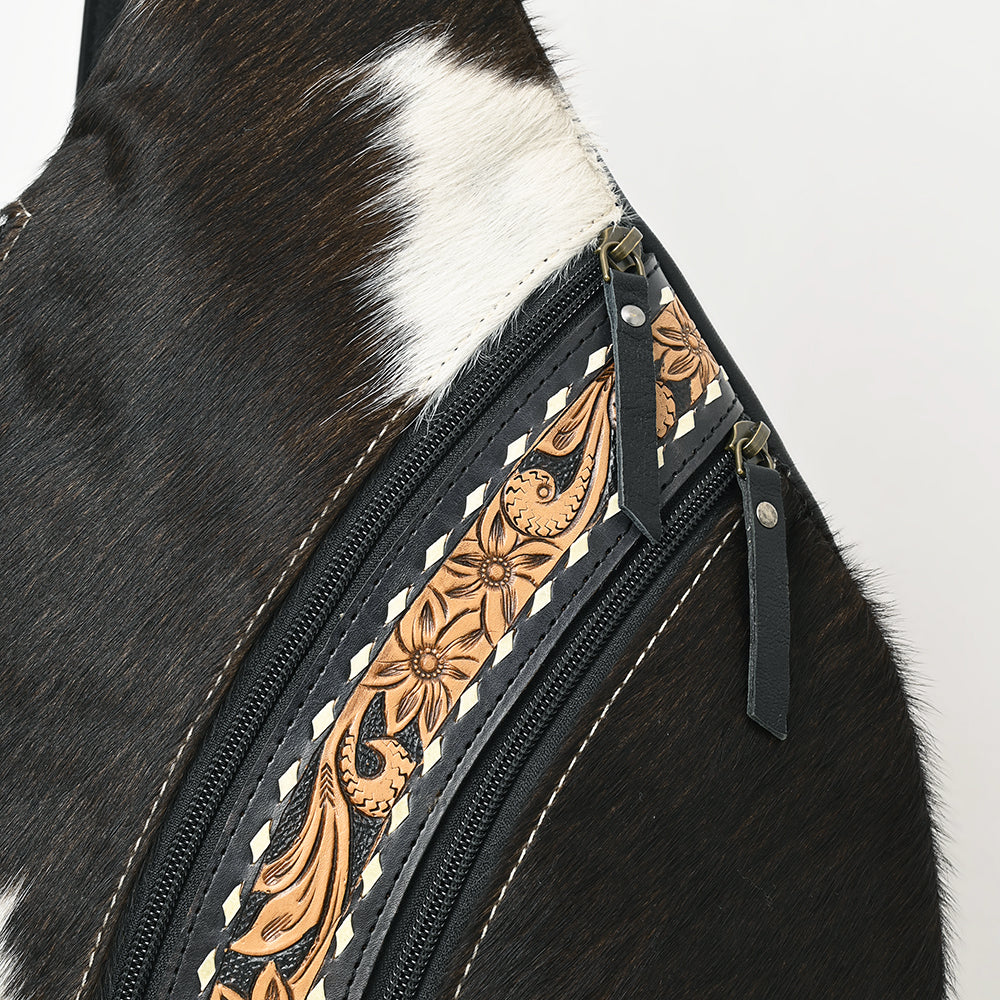 ADBG1514 Black & White Cowhide Sling Backpack with Tooled Leather Accents