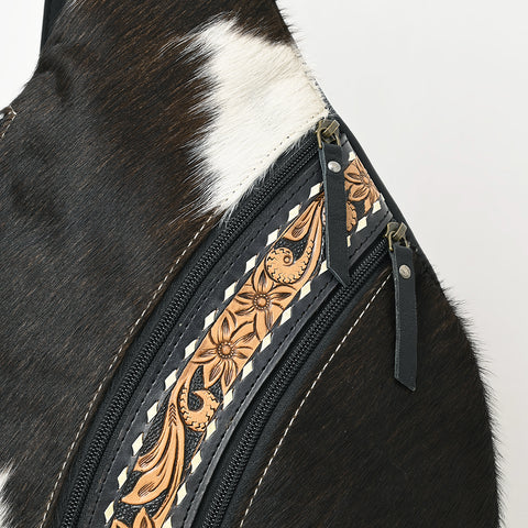 American Darling Western Leather Sling Bag with Black & White Hair-On Cowhide & Hand-Tooled Accents