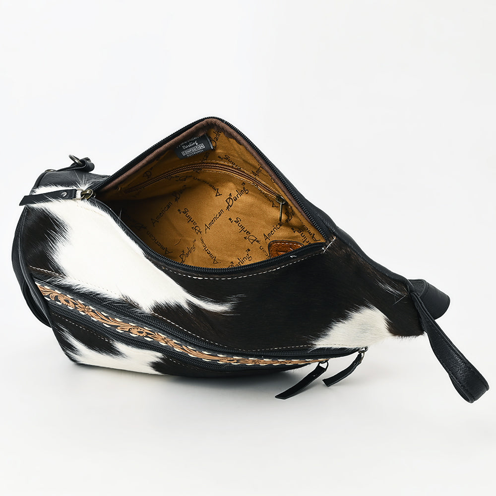 ADBG1514 Black & White Cowhide Sling Backpack with Tooled Leather Accents