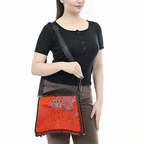 American Darling Western Leather Messenger Bag with Hair-On Cowhide & Crocodile-Embossed Detailing