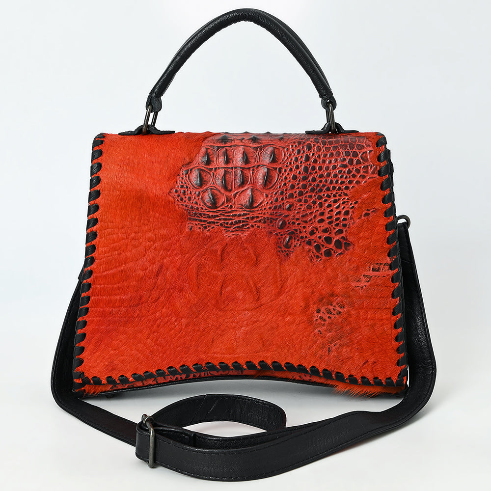 ADBG1516 Embossed Croc Leather & Cowhide Messenger - Western Whipstitch Edge