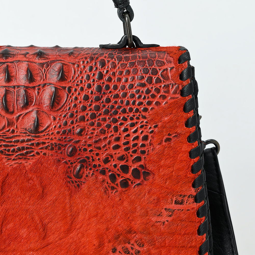ADBG1516 Embossed Croc Leather & Cowhide Messenger - Western Whipstitch Edge