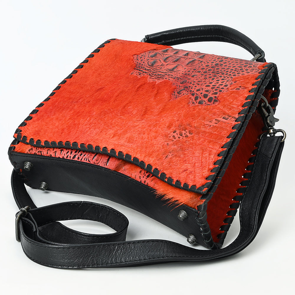 ADBG1516 Embossed Croc Leather & Cowhide Messenger - Western Whipstitch Edge