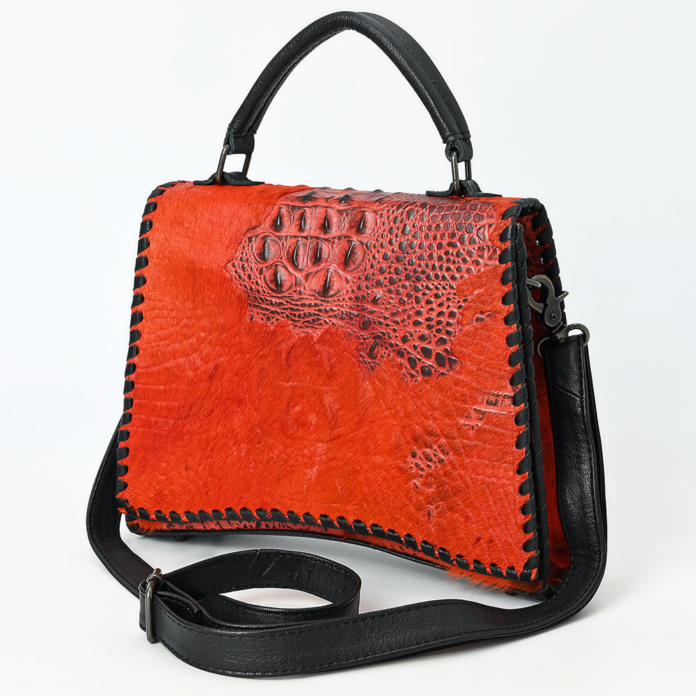 ADBG1516 Embossed Croc Leather & Cowhide Messenger - Western Whipstitch Edge