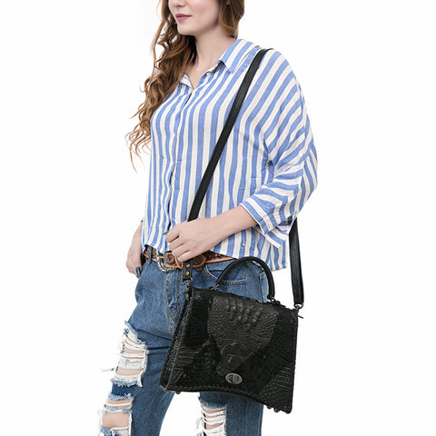 American Darling Western Leather Messenger Bag with Hair-On Cowhide & Crocodile-Embossed Detailing