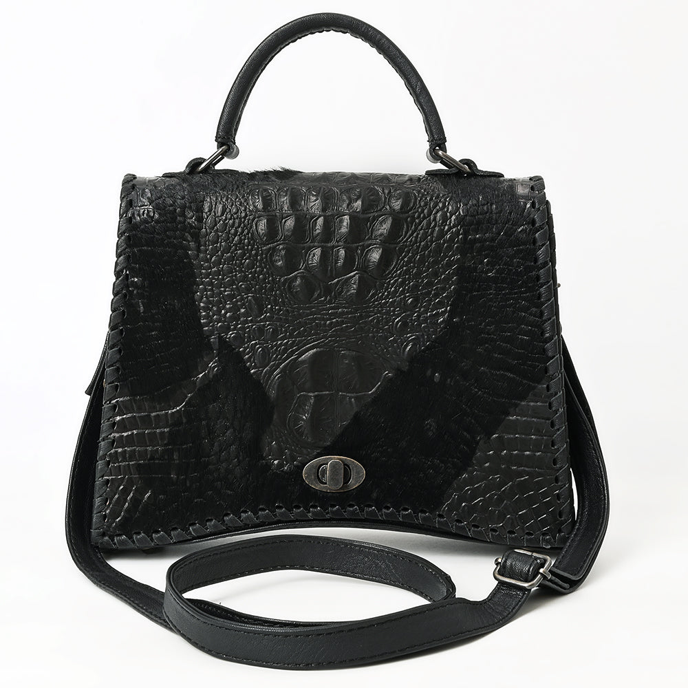 ADBG1516 Embossed Croc Leather & Cowhide Messenger - Western Whipstitch Edge