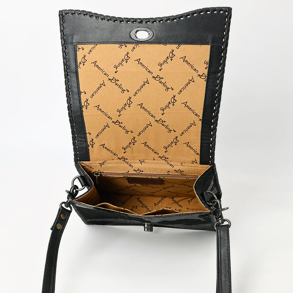 ADBG1516 Embossed Croc Leather & Cowhide Messenger - Western Whipstitch Edge