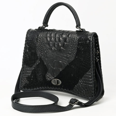 American Darling Western Leather Messenger Bag with Hair-On Cowhide & Crocodile-Embossed Detailing