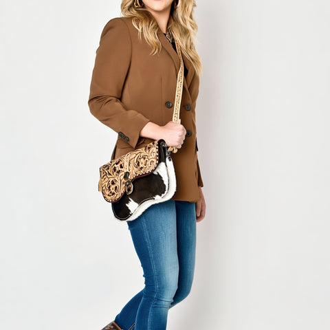 American Darling Western Leather Crossbody Bag with Hand-Tooled Floral Detailing and Premium Genuine Leather Hair-On Accents