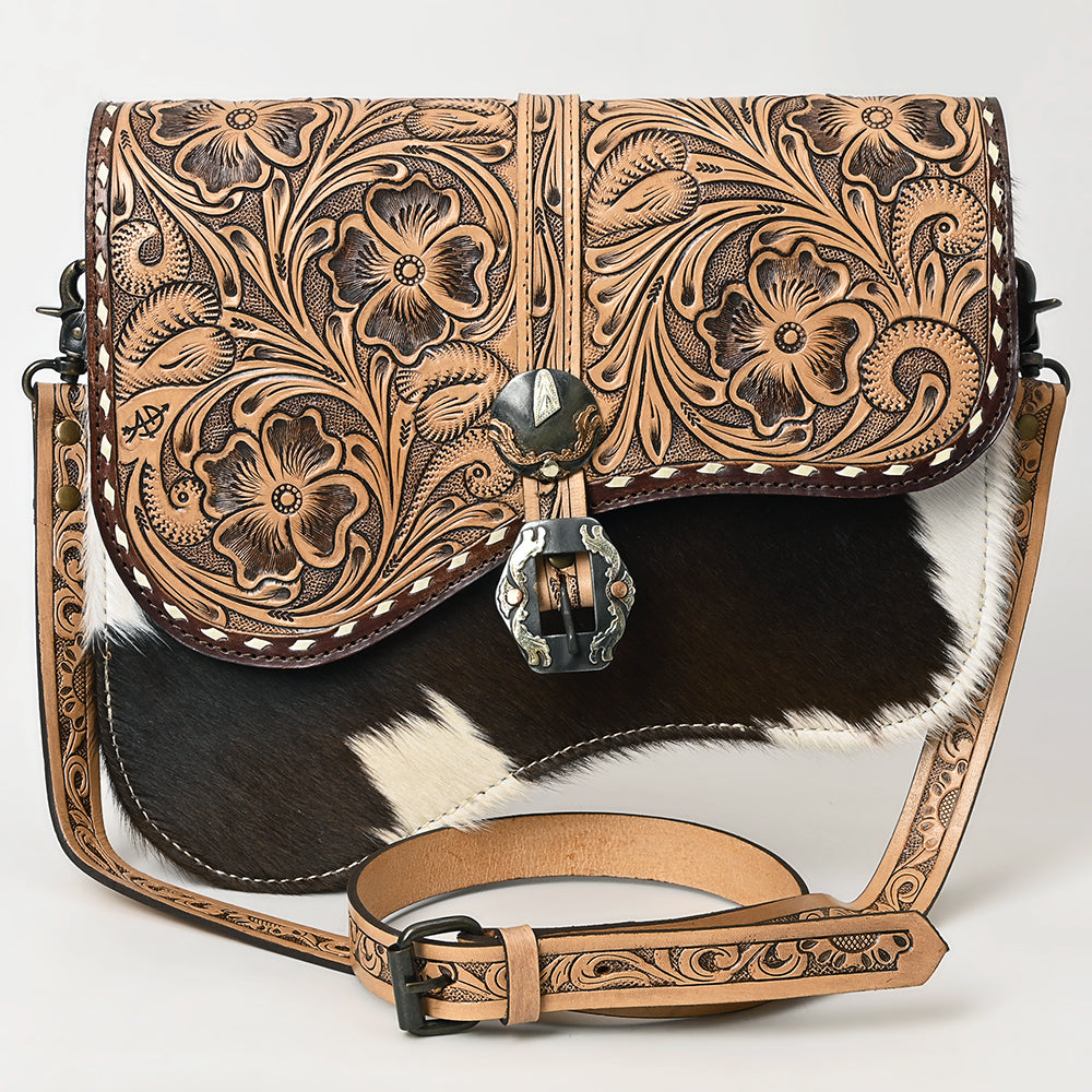 ADBG1518 Hand-Tooled Leather Saddle Bag with Cowhide & Western Buckle - Floral Strap Crossbody