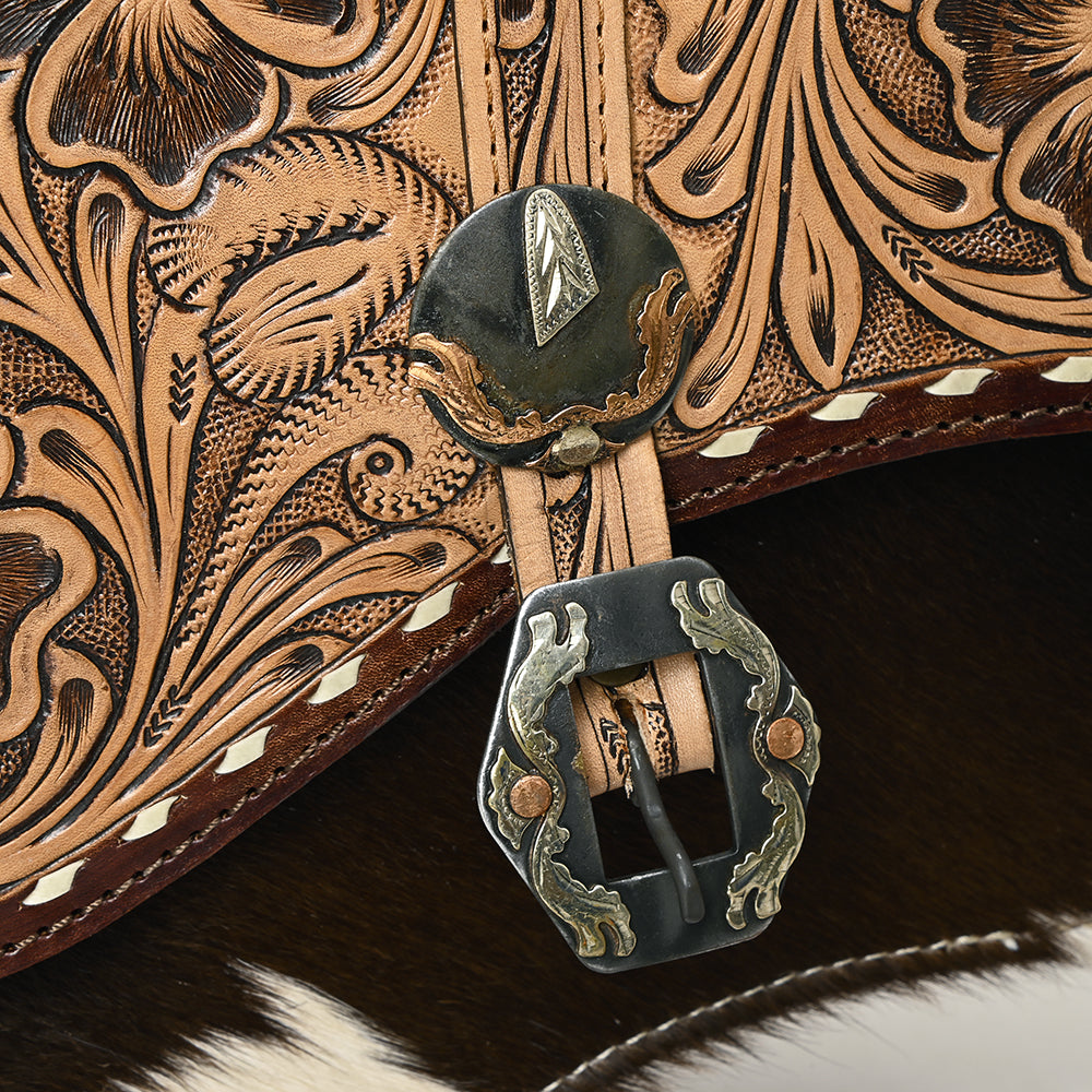 ADBG1518 Hand-Tooled Leather Saddle Bag with Cowhide & Western Buckle - Floral Strap Crossbody