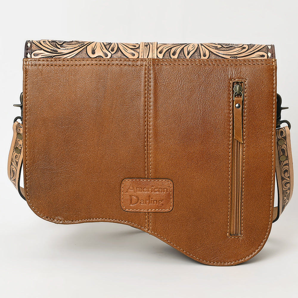 ADBG1518 Hand-Tooled Leather Saddle Bag with Cowhide & Western Buckle - Floral Strap Crossbody