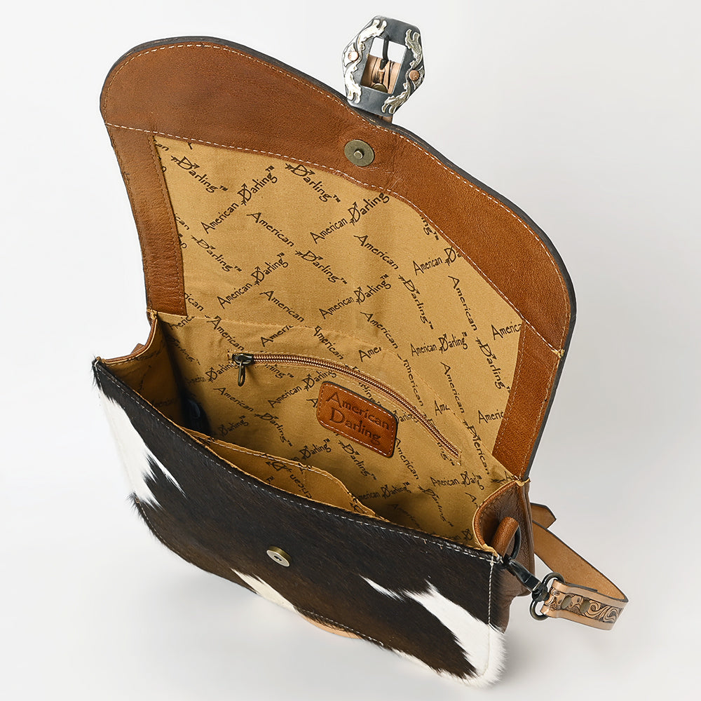 ADBG1518 Hand-Tooled Leather Saddle Bag with Cowhide & Western Buckle - Floral Strap Crossbody