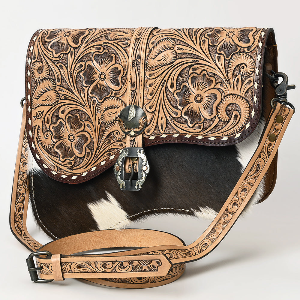 ADBG1518 Hand-Tooled Leather Saddle Bag with Cowhide & Western Buckle - Floral Strap Crossbody
