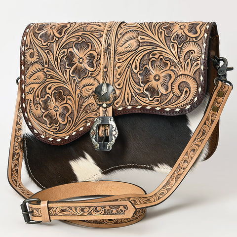 American Darling Western Leather Crossbody Bag with Hand-Tooled Floral Detailing and Premium Genuine Leather Hair-On Accents