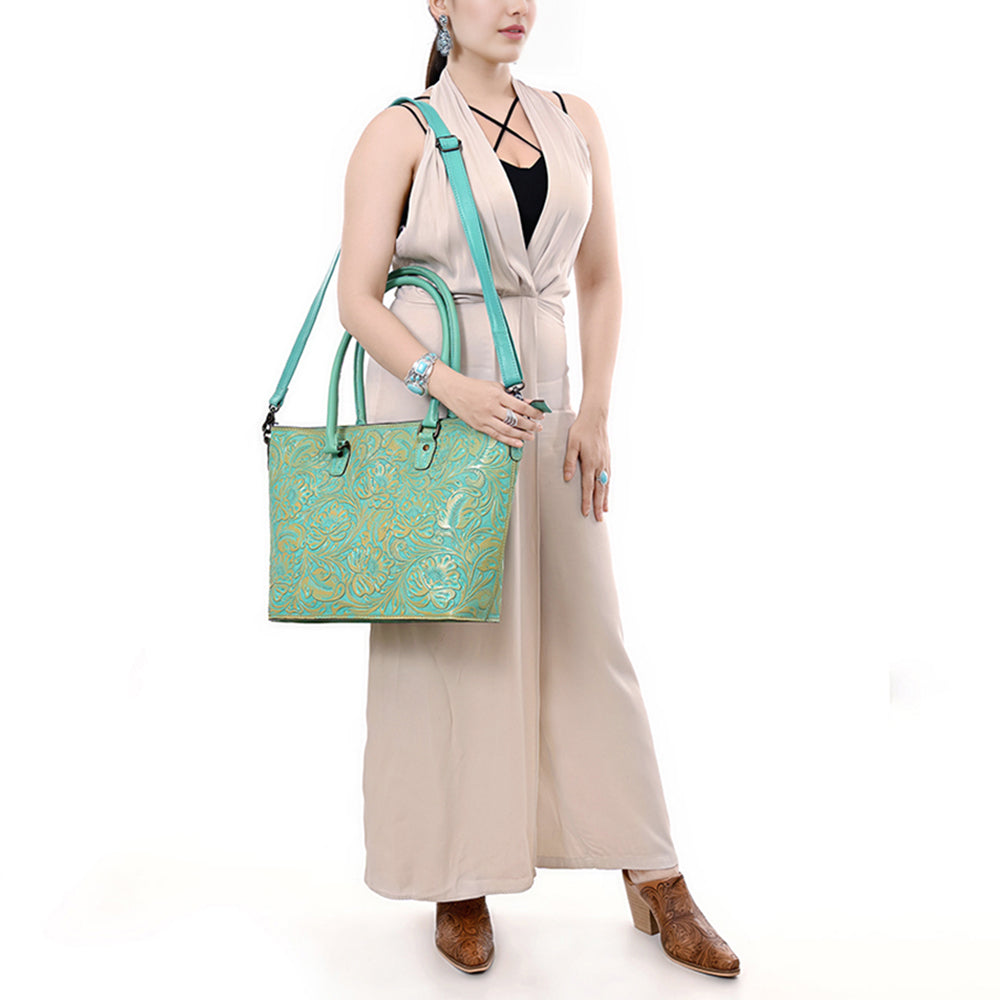 ADBG1519 Floral Embossed Leather Tote Bag - Western Crossbody & Shoulder Style